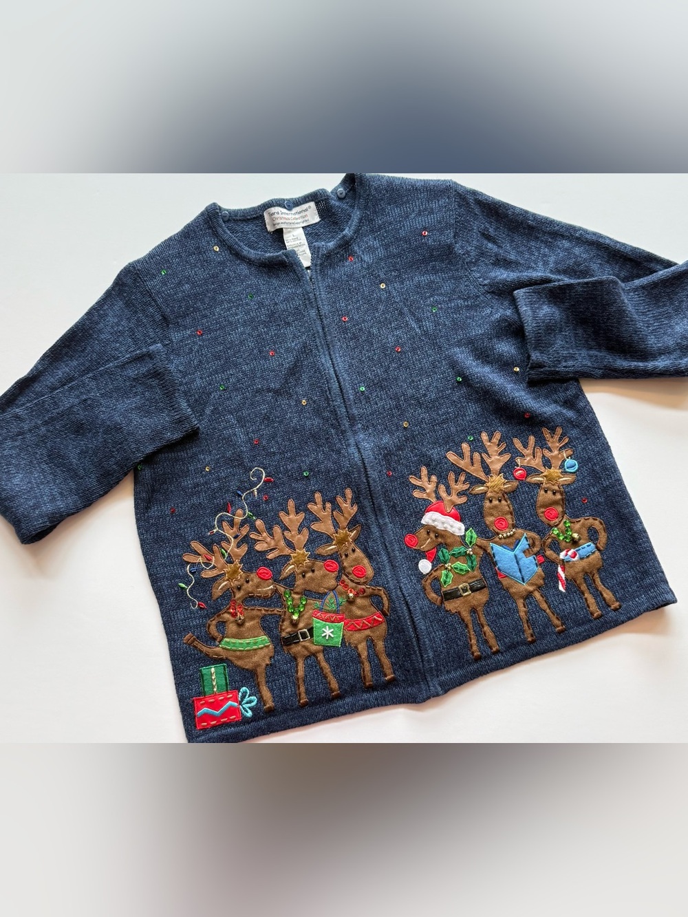 Tiara International Women’s L Christmas Cardigan Full Zip Blue Reindeer Beaded